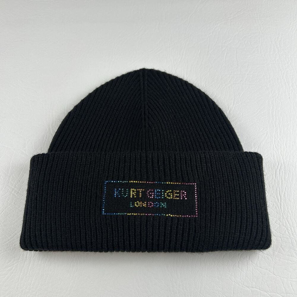 Kurt Geiger London Black Beanie Multicolor Logo Cuffed Knit Hat 100% Acrylic